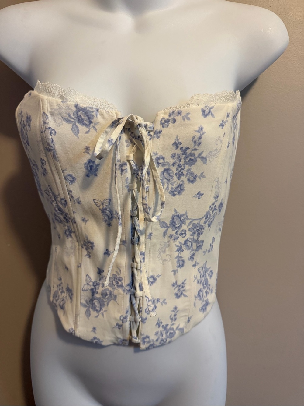 GARAGE Blue Floral Lace Up Strapless Corset Bustier Top White M